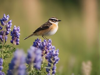 Free photo closeup of whinchat on a lupine in a field under the sunlight with a blurry background