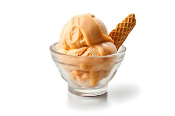 Delicious ice cream in glass bowl on white background