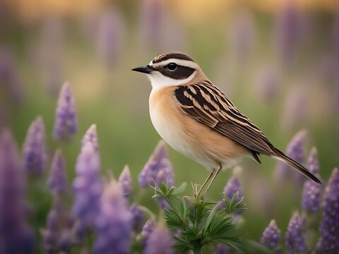 Free photo closeup of whinchat on a lupine in a field under the sunlight with a blurry background