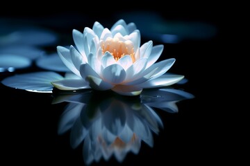 Beautiful water lily on the dark blue water