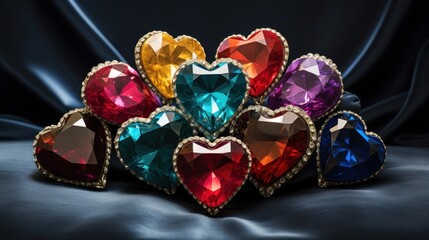 A heart-shaped arrangement of colorful gemstones on a velvet cushion