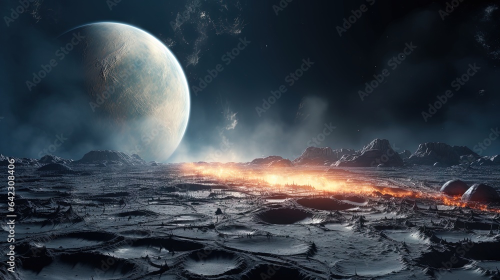 Poster an artist's rendering of a distant planet in the distance. generative ai