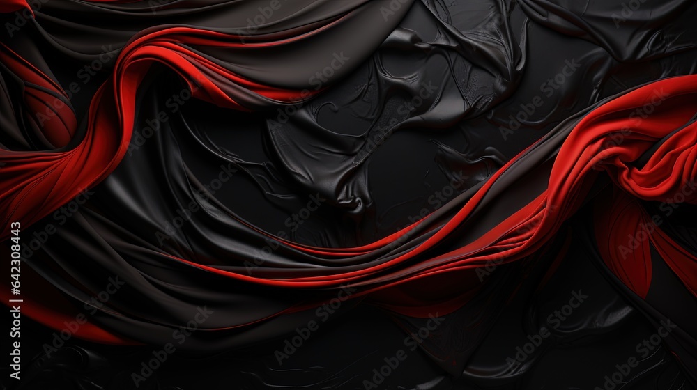 Poster a black background with a red and black silk fabric draped across it, creating a striking contrast b