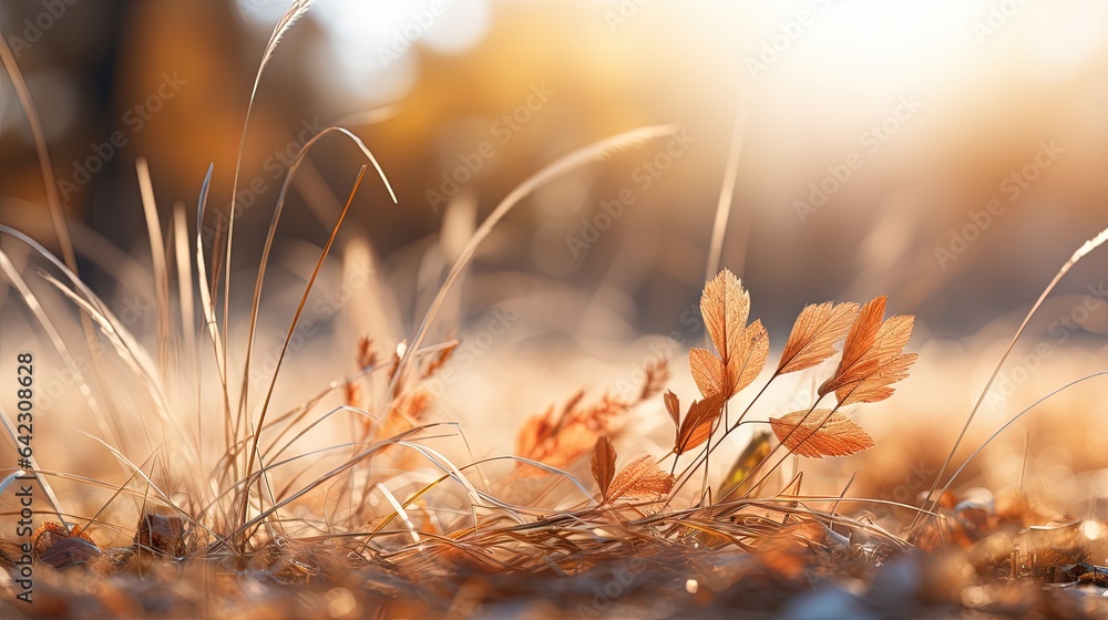 Poster a close up of some grass and some leaves with sunlight in the background. generative ai