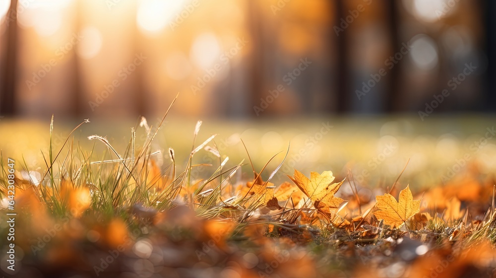 Poster a field with grass and leaves in the sun shining through the trees. generative ai