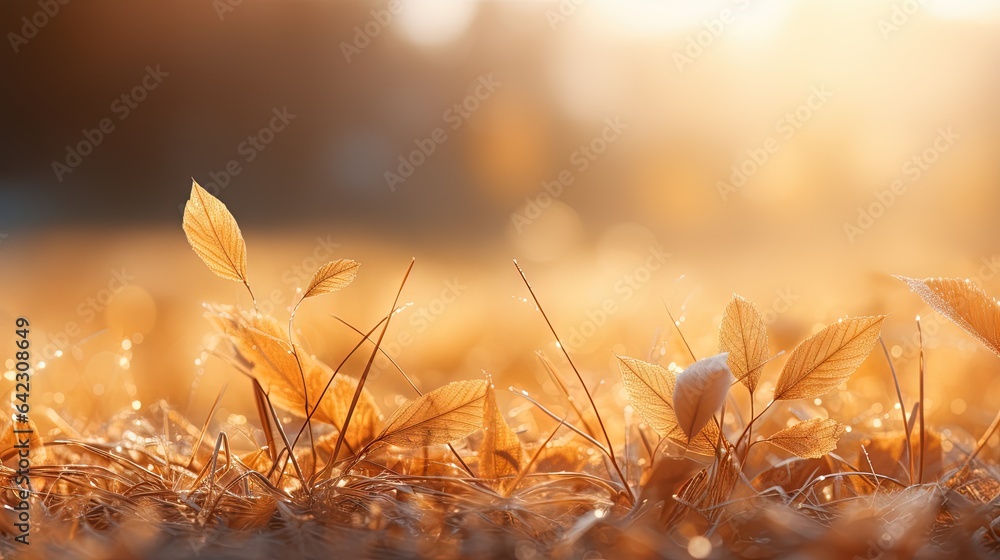 Poster a close up of a field with grass and a few leaves. generative ai