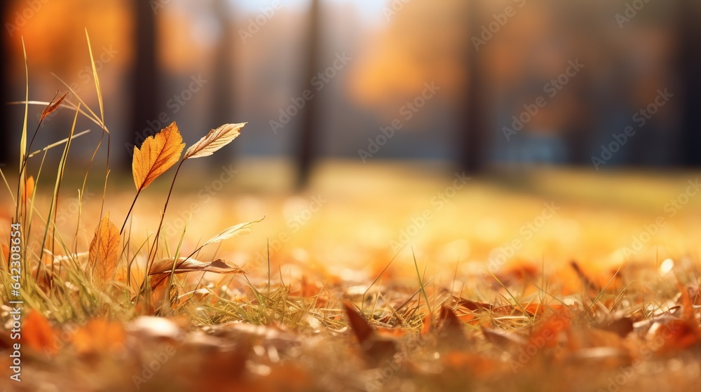 Poster  a field with grass and leaves in the foreground and trees in the background.  generative ai