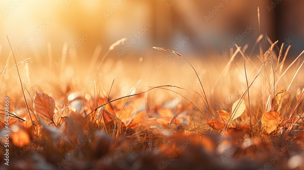 Poster a close up of a field of grass with leaves on it. generative ai