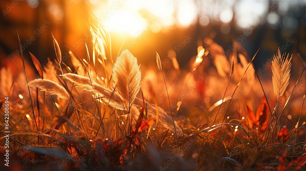 Poster a field of grass with the sun setting in the background. generative ai