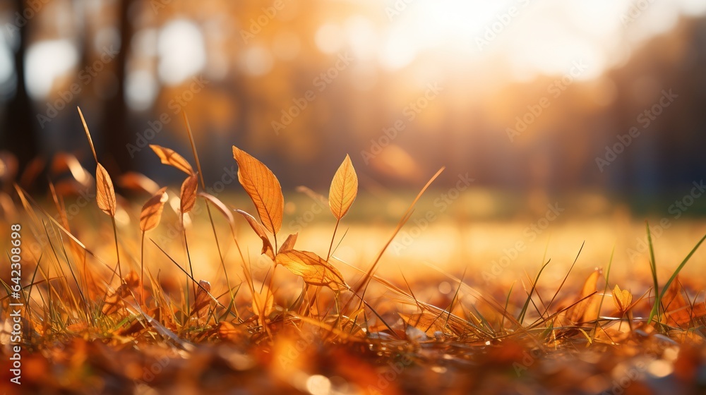 Poster a field with grass and leaves in the sun shining through the trees. generative ai