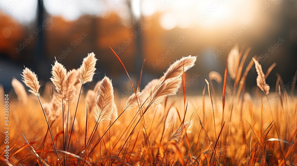 Poster a close up of a field of grass with trees in the background. generative ai