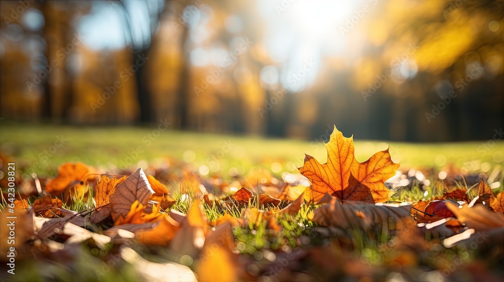 Poster a leaf laying on the ground in a park with grass and trees in the background. generative ai