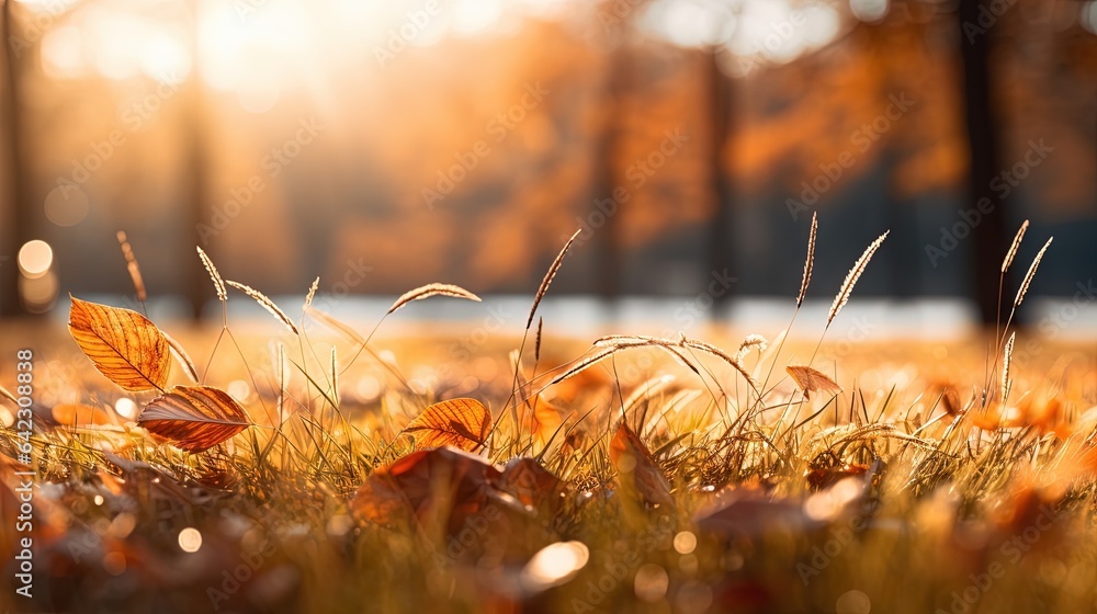 Poster a field with grass and leaves in the sun shining through the trees. generative ai