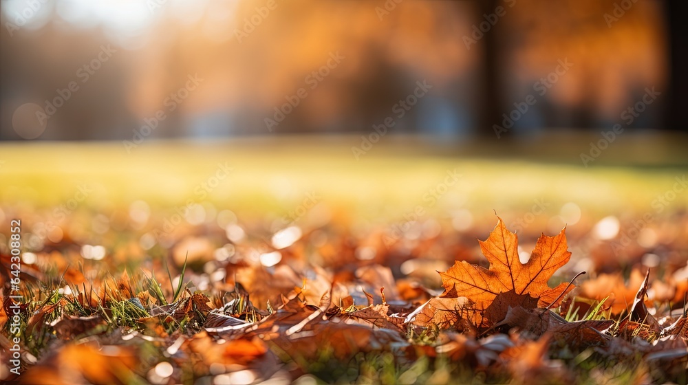 Poster a leaf laying on the ground in a park with grass and trees in the background. generative ai