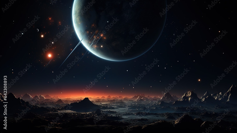 Poster a distant planet with a star in the sky and a distant star in the distance. generative ai