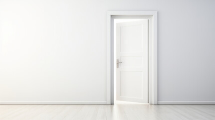White half-open door and white wall with copy space leading to luminous unknown place - obrazy, fototapety, plakaty