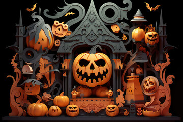 Paper cut halloween background with spooky pumpkins