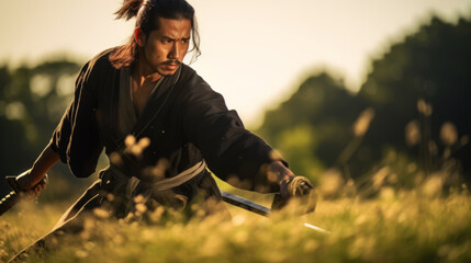 Japanese samurai training in a meadow