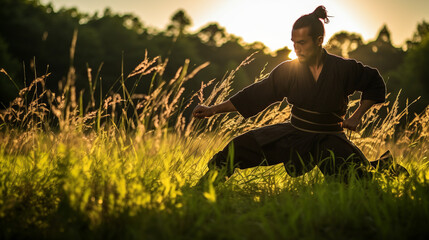 Japanese samurai training in a meadow