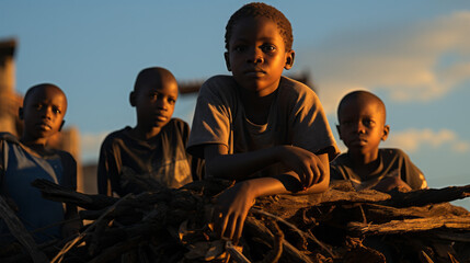 Poor black african kids on a slum roof top , children poverty in africa