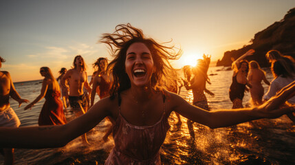 Friends party on the beach in summer , woman dancing at the rhythm of the festive music