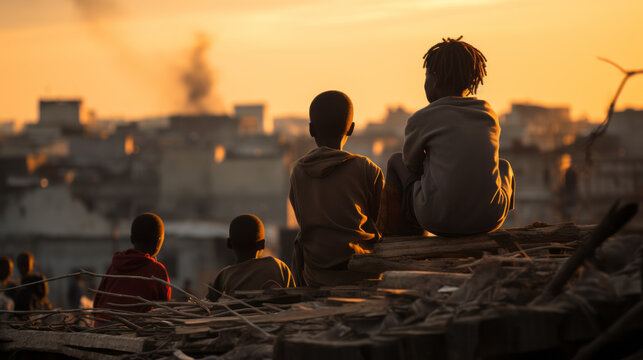 Poor black african kids on a slum roof top , children poverty in africa