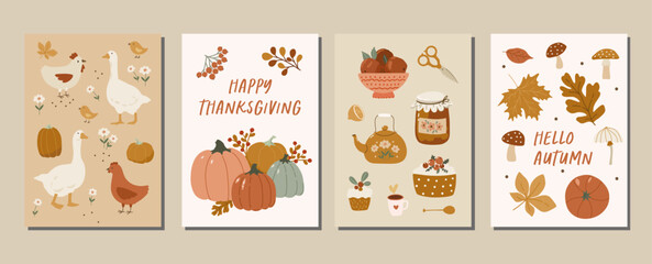 Fototapeta na wymiar Collection of Thanksgiving greeting cards and posters with hand drawn farm and cozy home objects, birds, geese, pumpkins, autumn leaves illustration vector elements