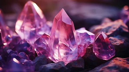 Zelfklevend Fotobehang Rose colored quartz crystal gemstone chips closeup, cloudy clarity with slight translucence and reflective sides - generative AI © SoulMyst
