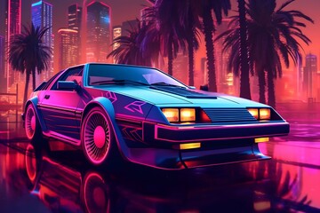 Retro sport car on the background of the night city