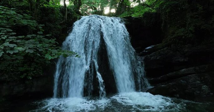 Drone dolly shot of Janets Foss in Yorkshire Dales