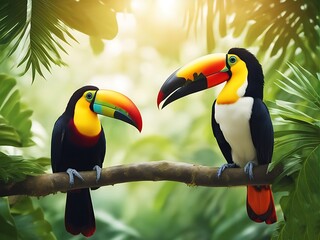 Fototapeta premium Horizontal banner with two beautiful colorful toucan birds (Ramphastidae) on a branch in a rainforest. Couple of toucan bird and leaves of tropical plants on blurred background