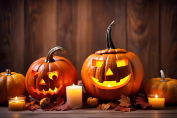 Halloween pumpkin head jack lantern on wooden background.
