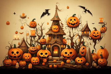 illustration design halloween background with spooky pumpkins