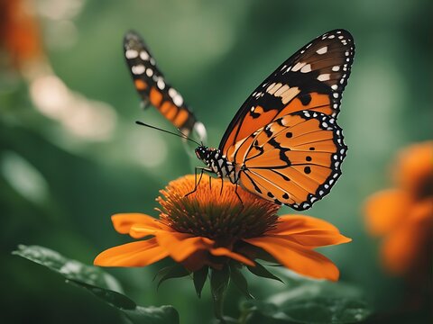 Free photo closeup shot of a beautiful butterfly with interesting textures on an orange-petaled flower in green background