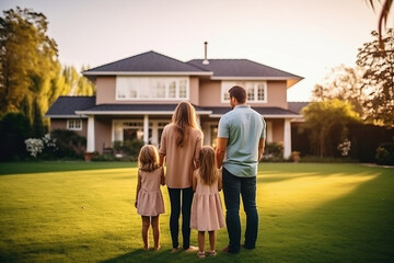 A young happy family stands on the lawn and looks at the purchased house. The joy of buying a home. New homeowners. Mortgage. Property rental.