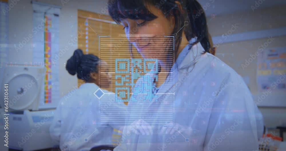 Poster animation of qr code and data processing over biracial female scientist