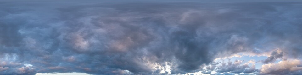Sunset sky panorama with dramatic bright glowing pink Cumulus clouds. HDR 360 seamless spherical panorama. Full zenith or sky dome for 3D visualization, sky replacement for aerial drone panoramas.