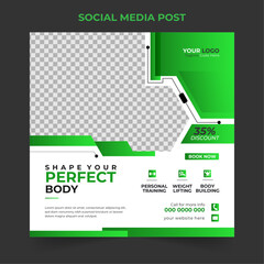 Obraz premium Latest gym, fitness, and sports social media post or banner design template Premium Vector. Modern squire banner ads for social media and website.