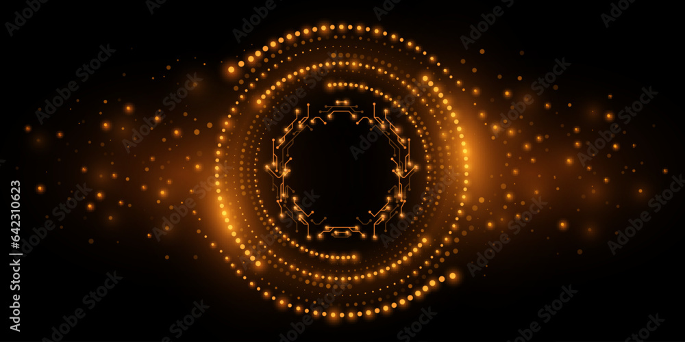 Poster digital circles with glowing dots and cyber circuit frame. big data visualization into cyberspace. m