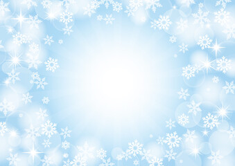 キラキラと玉ボケと雪の結晶の背景素材、ブルー