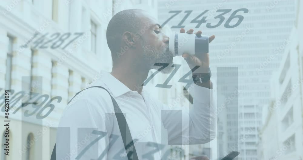 Poster animation of graphs and changing numbers, senior african man using cellphone while drinking coffee