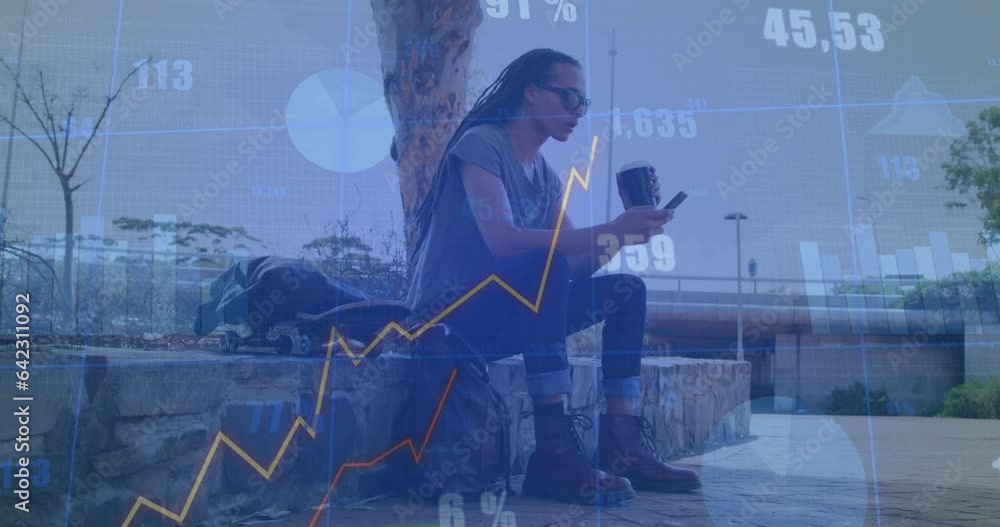 Poster animation of numbers and graphs, biracial man with skateboard drinking coffee and using cellphone