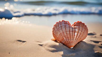 A heart-shaped seashell lying on a sandy beach, kissed by gentle waves