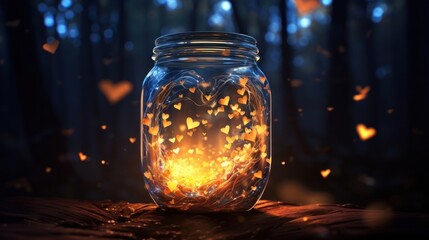 A jar filled with fireflies, creating a magical heart-shaped glow - obrazy, fototapety, plakaty