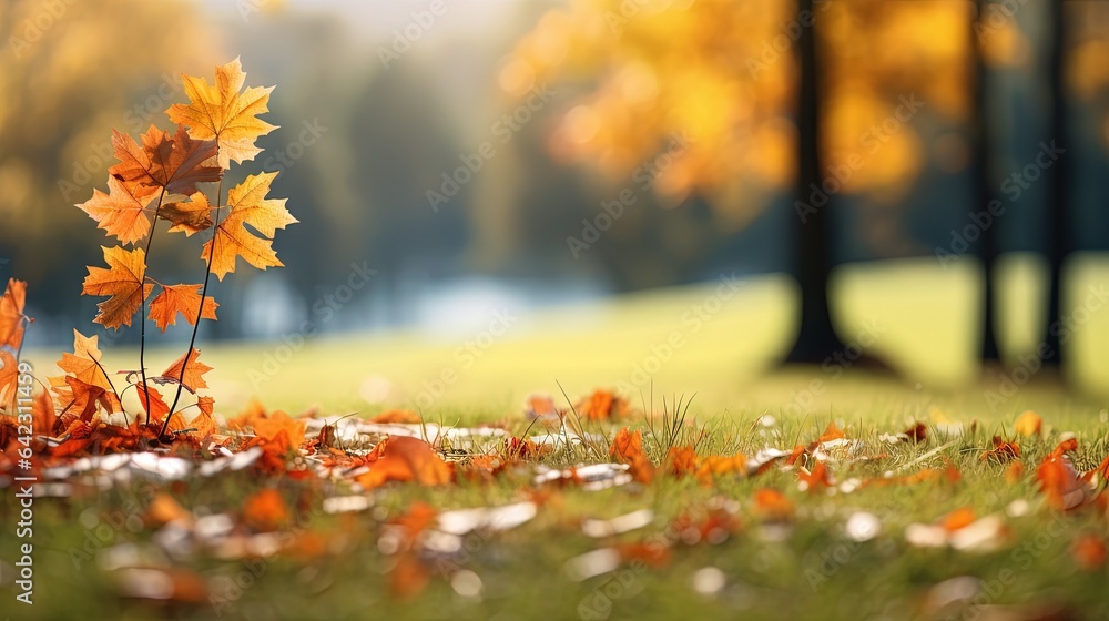 Poster a small tree with yellow leaves in a grassy area with trees in the background. generative ai