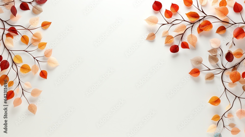 Poster a white background with a branch of a tree with red, orange and yellow leaves. generative ai