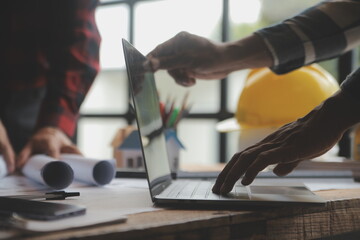 Engineer Teamwork Meeting, Drawing working on blueprint meeting for project working with partner on model building and engineering tools in working site, Construction and structure concept.