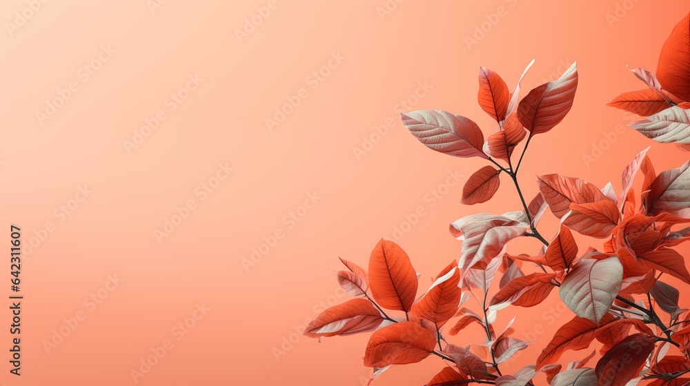 Poster a branch of a tree with red leaves on an orange background. generative ai