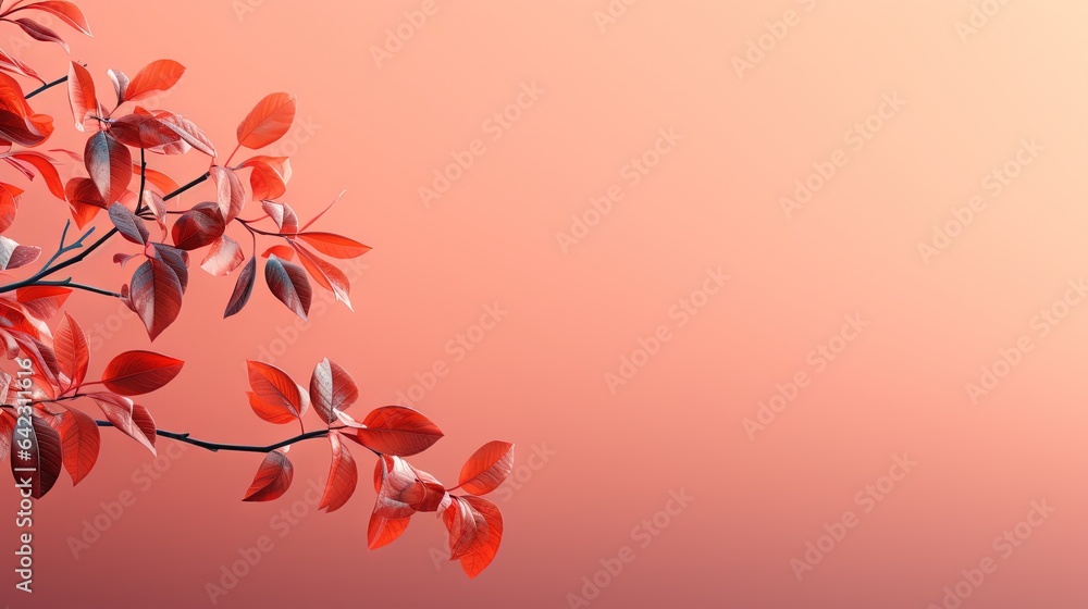 Poster a branch of a tree with red leaves on a pink background. generative ai