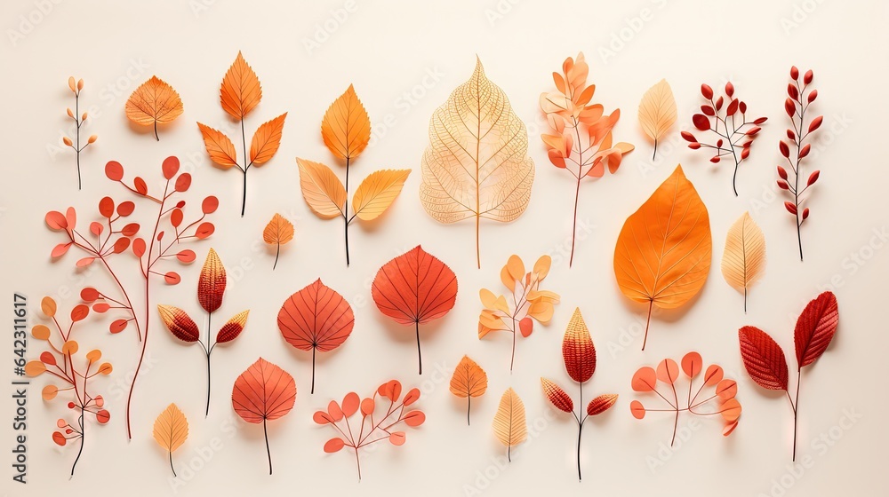 Poster a group of different types of leaves on a white surface. generative ai